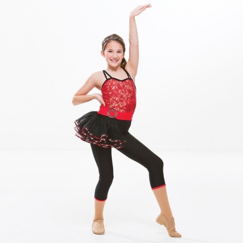 Revolution Dance Wear Costume Red Black Sequin Peplum Jazz Tap One Piece ONsie